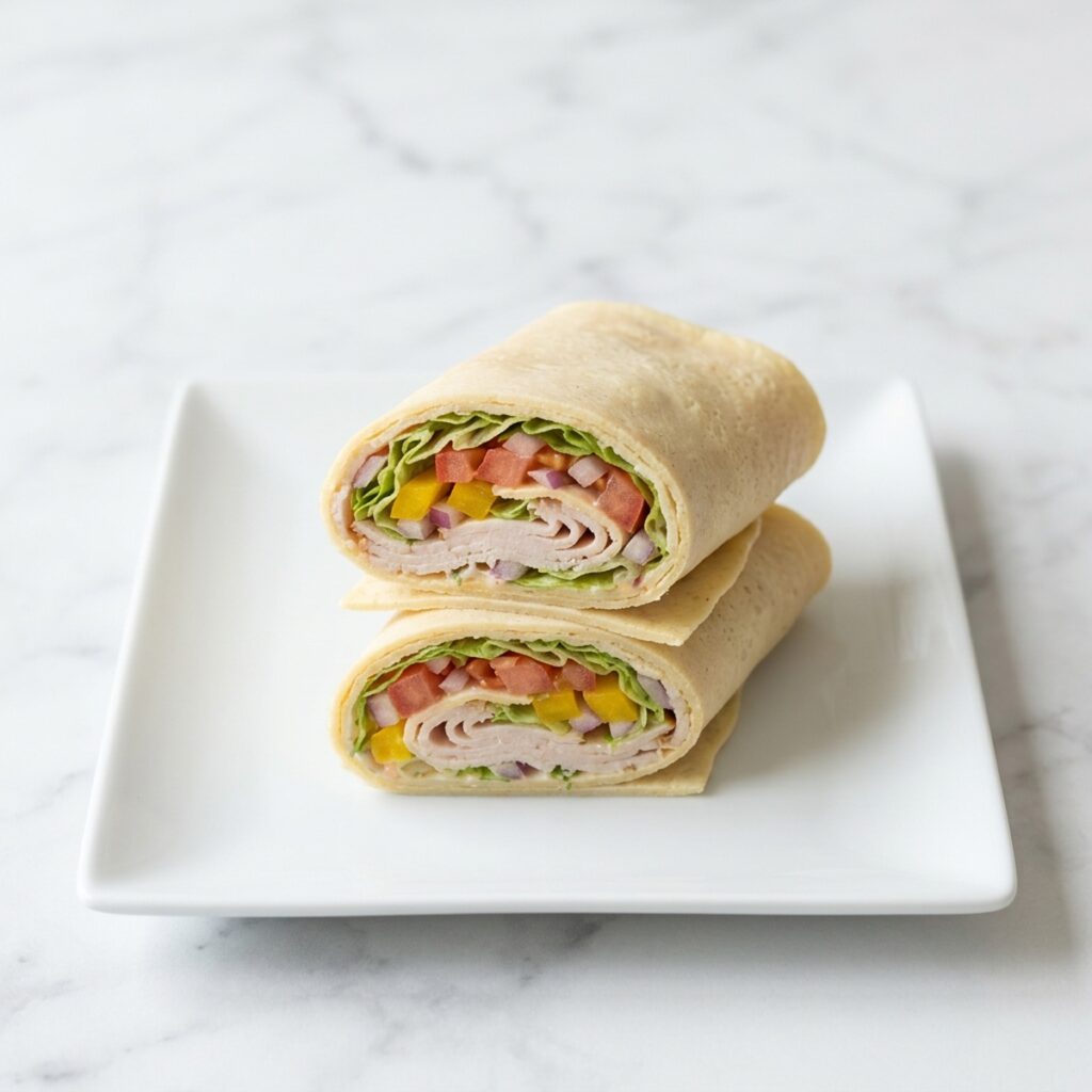 two egg white wraps filled with turkey and vegetables sliced open on a plate
