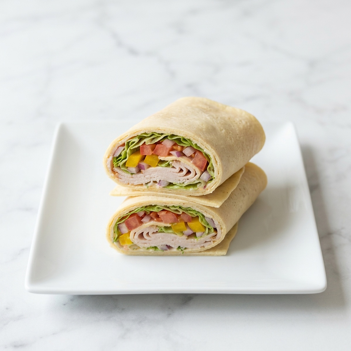 two egg white wraps filled with turkey and vegetables sliced open on a plate