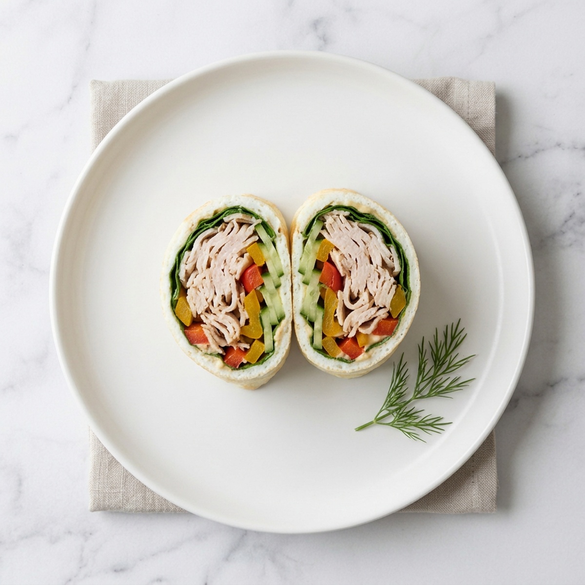 egg white wrap sliced in half showing turkey and vegetable filling