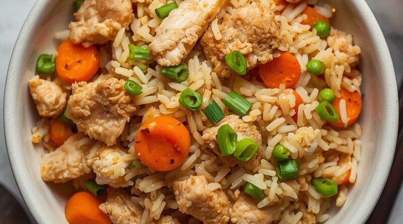 Easy Chicken Fried Rice Recipe — close-up of chicken, rice, carrots, and green onions in a bowl