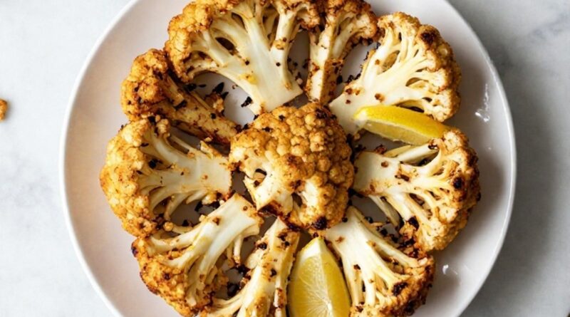 Full roasted cauliflower sliced into wedges on a platter with lemon