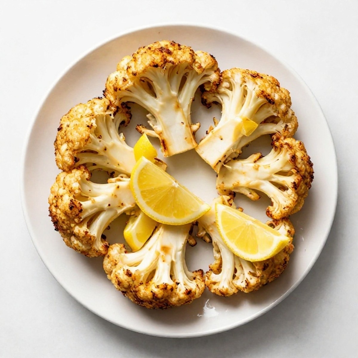 Full roasted cauliflower sliced into wedges with lemon