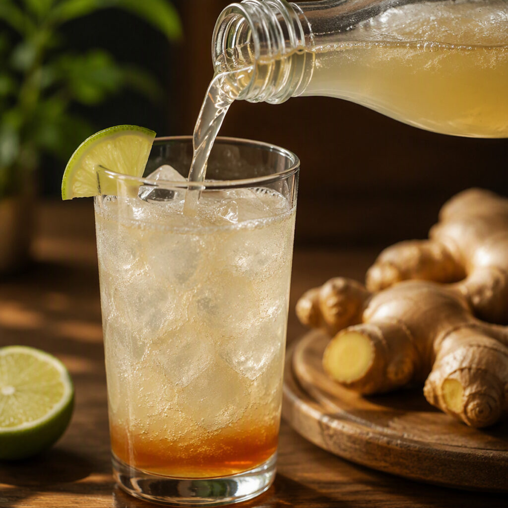 Ginger beer, lime juice, and syrup being poured over ice in a tall glass
