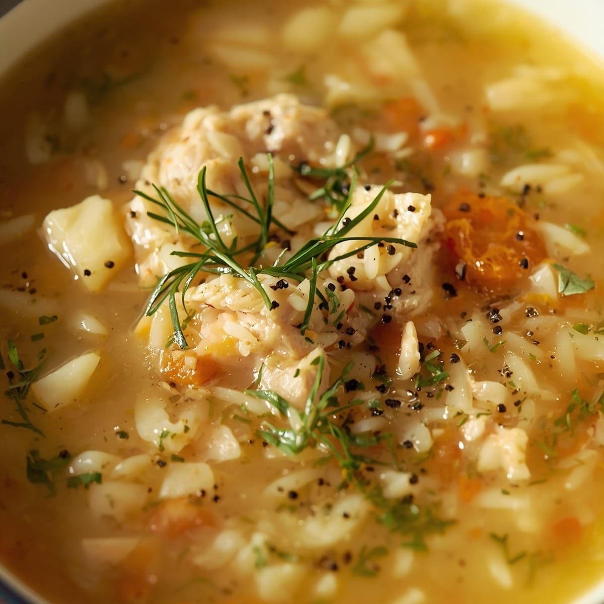 Bowl of Greek chicken and lemon soup with chicken, rice, and fresh dill garnish