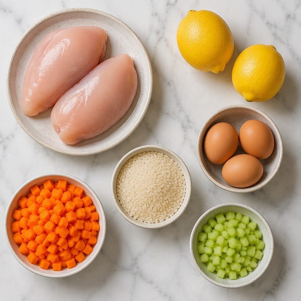 Ingredients for Greek lemon chicken soup laid out: chicken, lemons, eggs, rice, carrots, and celery