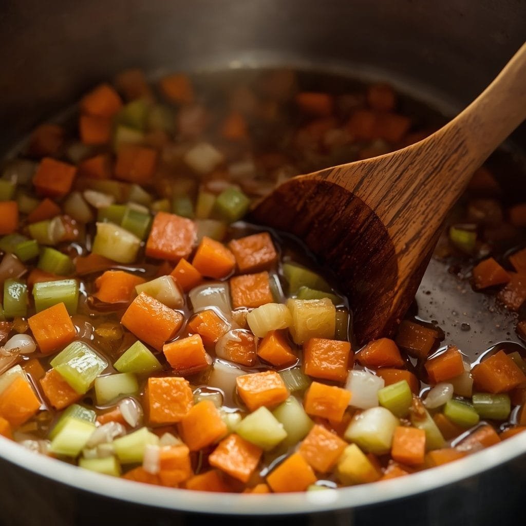 Carrots, celery, and onion sautéing in a soup pot