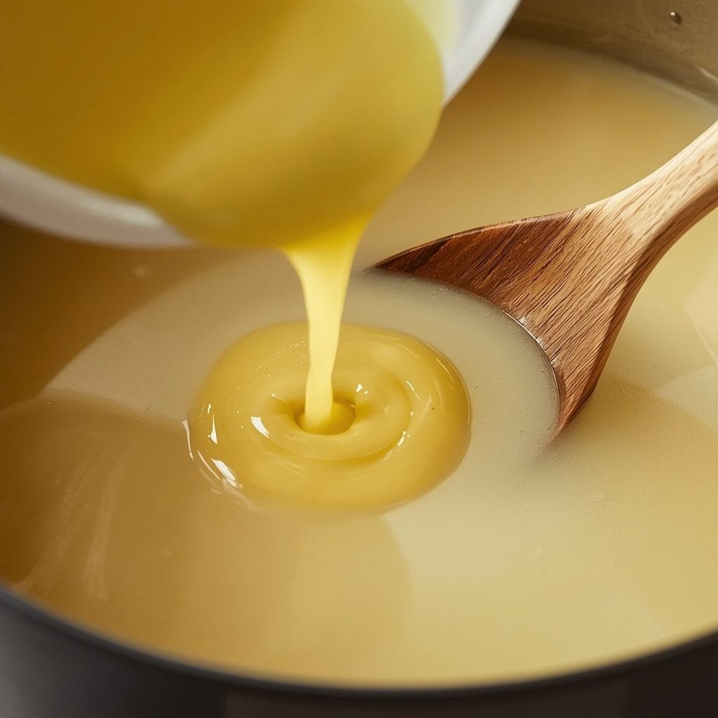 The tempered avgolemono sauce being stirred into the soup pot