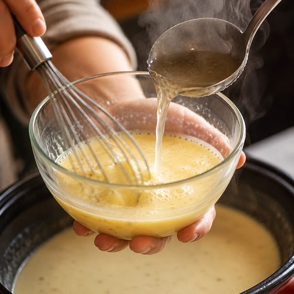 Hot broth being slowly poured into the egg-lemon mixture while whisking, to temper it