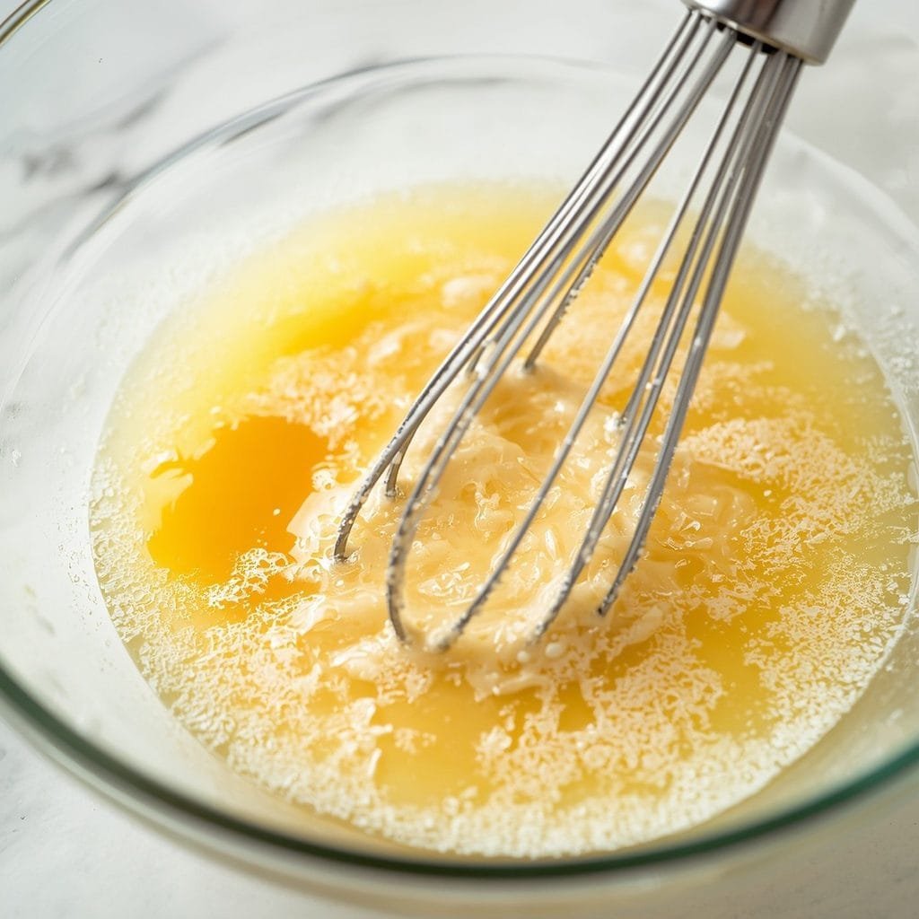 Egg and lemon mixture being whisked together in a bowl for the avgolemono sauce