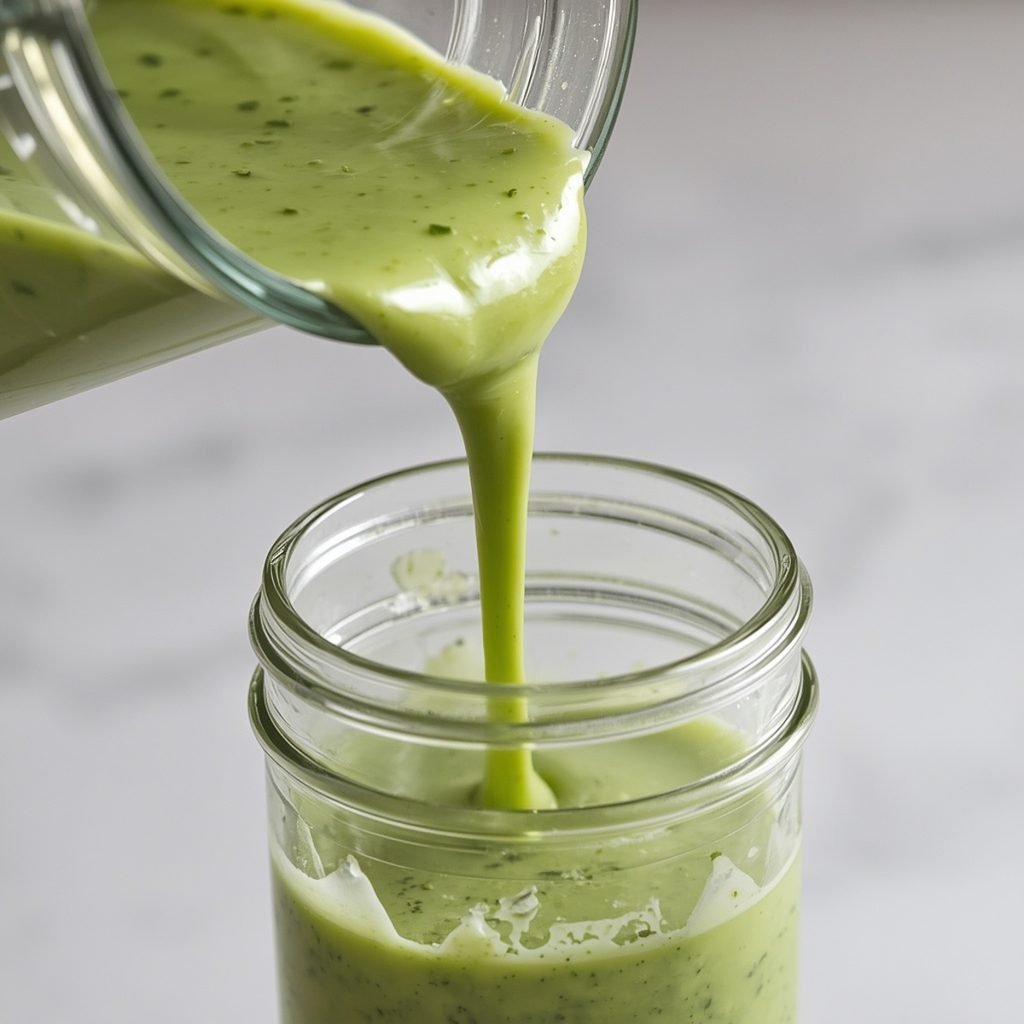 Green goddess dressing being poured from a blender into a glass jar