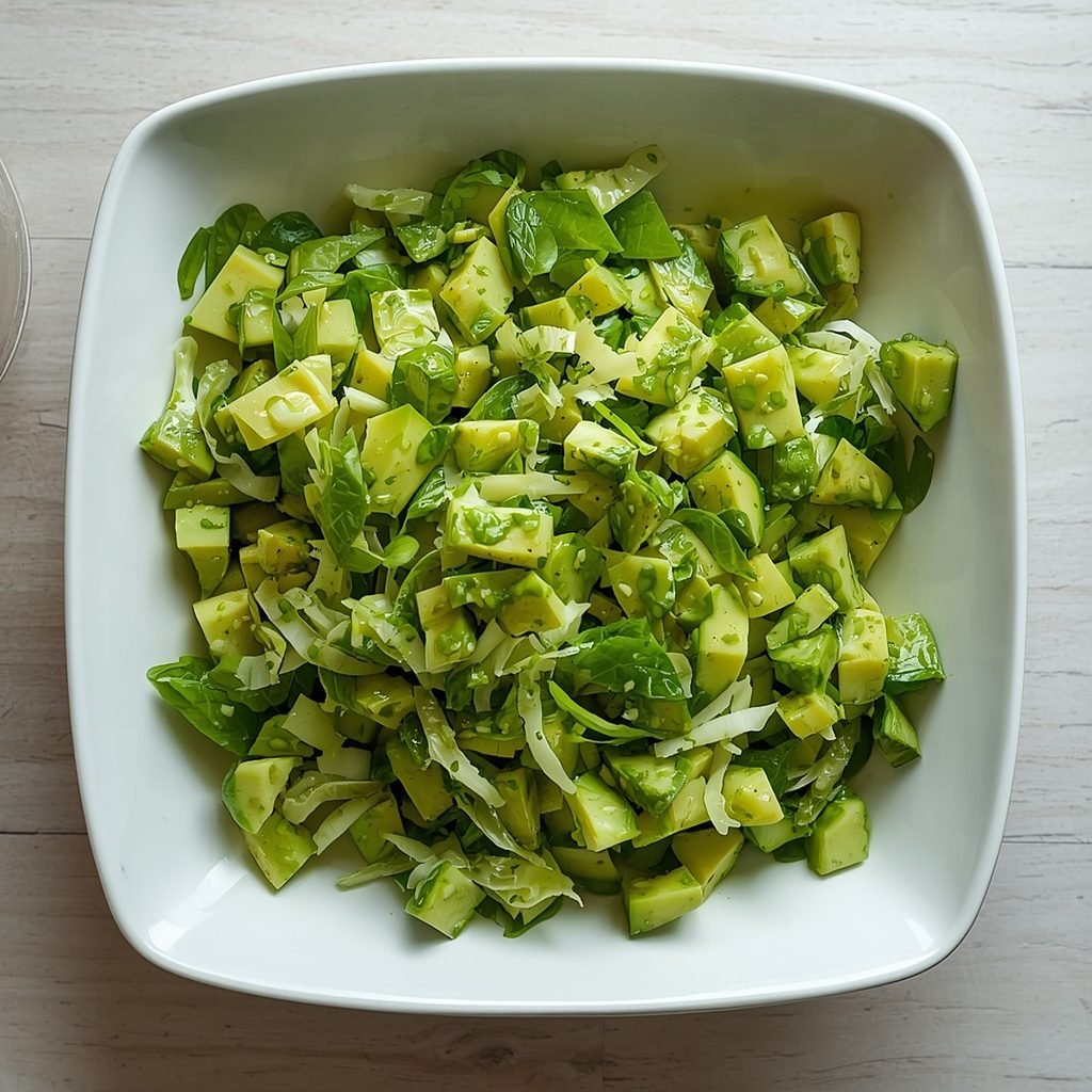 Overhead shot of green goddess salad in a white bowl with cabbage, lettuce, and creamy green dressing