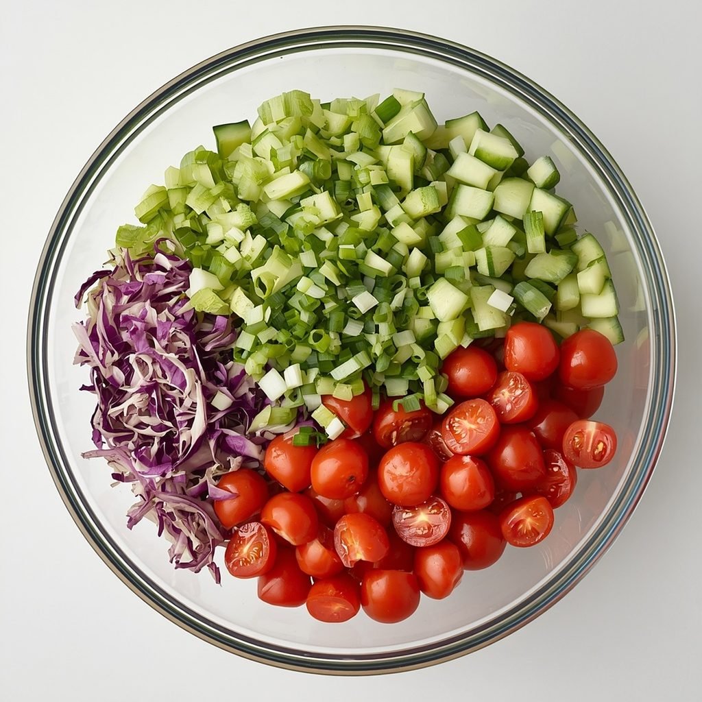 Chopped green goddess salad vegetables mixed in a glass bowl before dressing