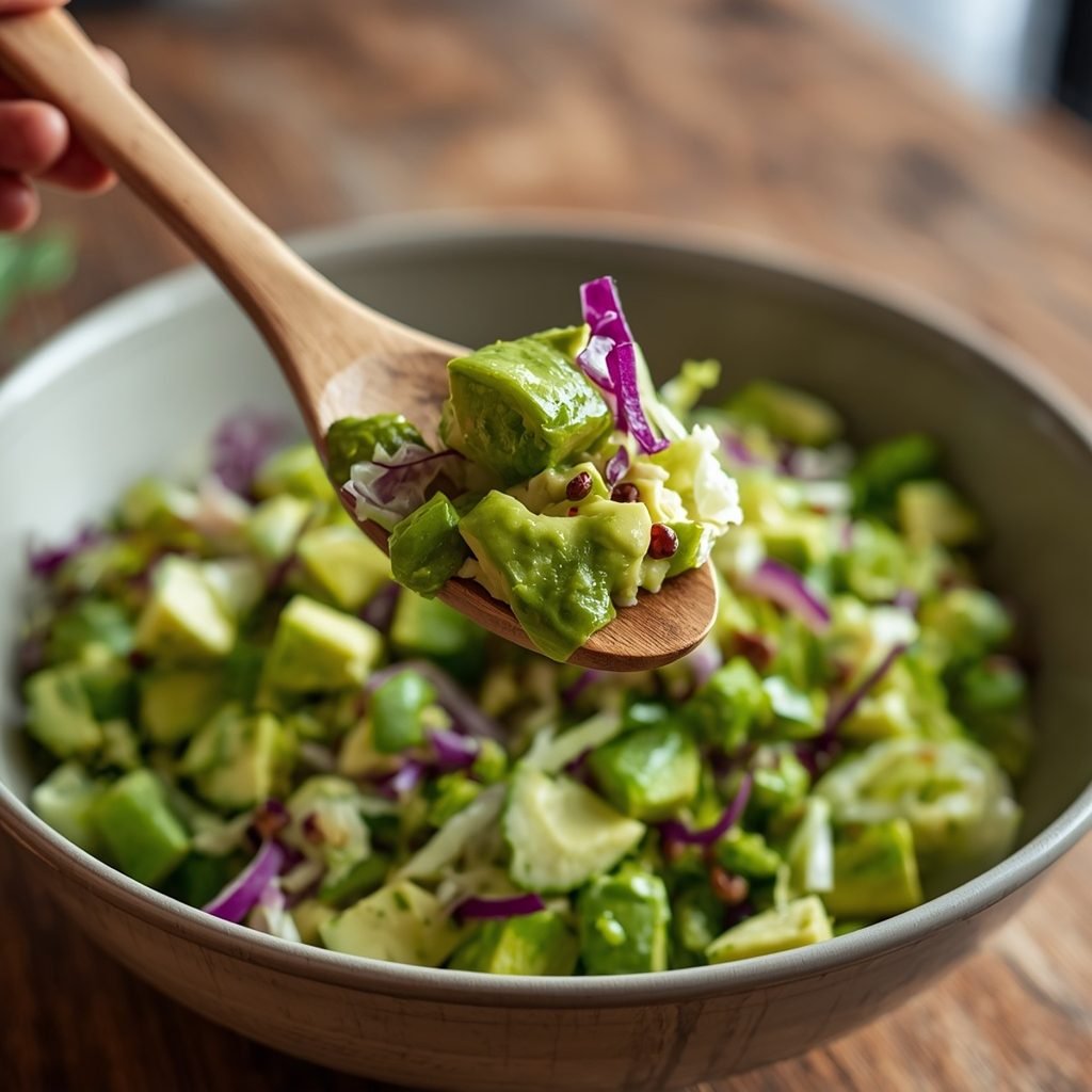 Close-up of finished green goddess salad being served with a wooden spoon