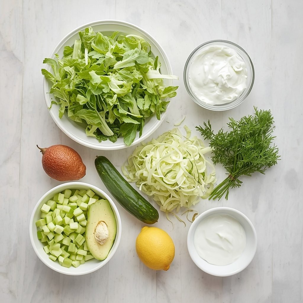 Flat lay of green goddess salad ingredients including cabbage, cucumber, avocado, and fresh herbs