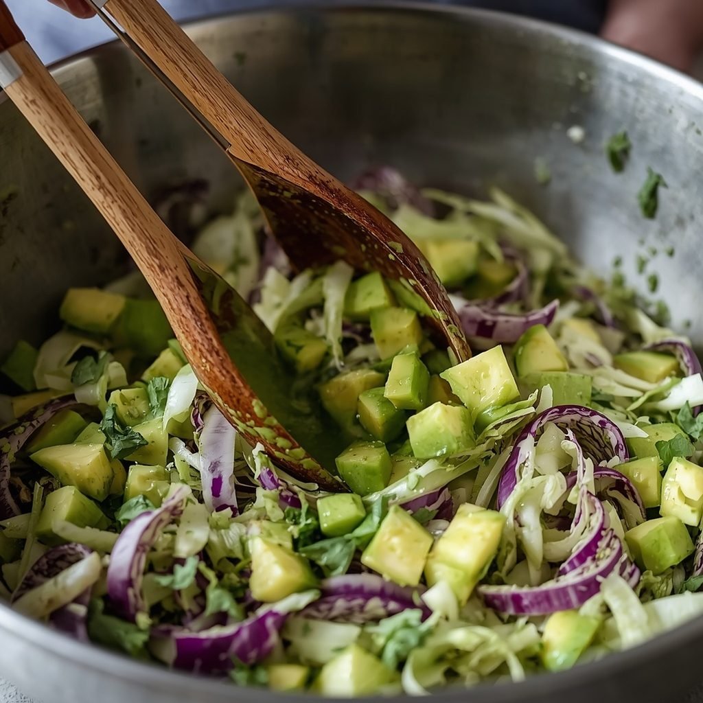 Tossing green goddess salad with tongs, dressing coating the cabbage and lettuce