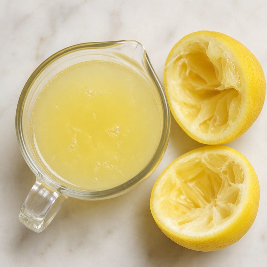A small measuring cup filled with fresh lemon juice next to squeezed lemon halves