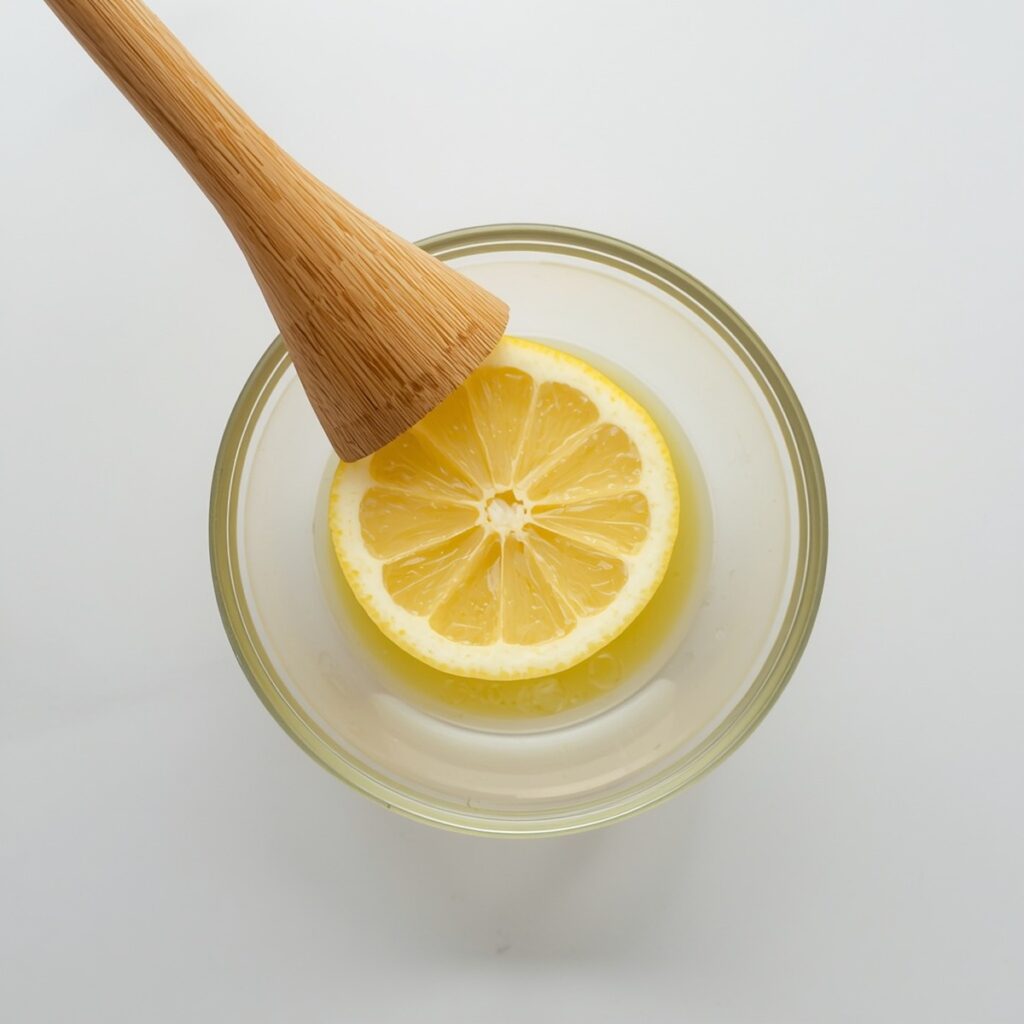 A halved lemon being juiced with a wooden reamer over a small bowl