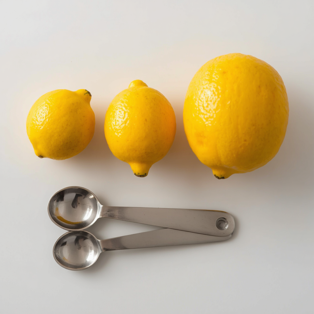 Three lemons of different sizes lined up next to tablespoon measuring spoons