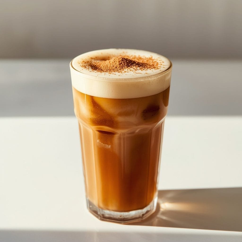 A glass of iced coffee topped with brown sugar cold foam and a light dusting of cinnamon