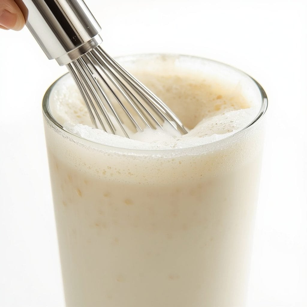 Cold foam mid-froth in a handheld milk frother, thick bubbles forming