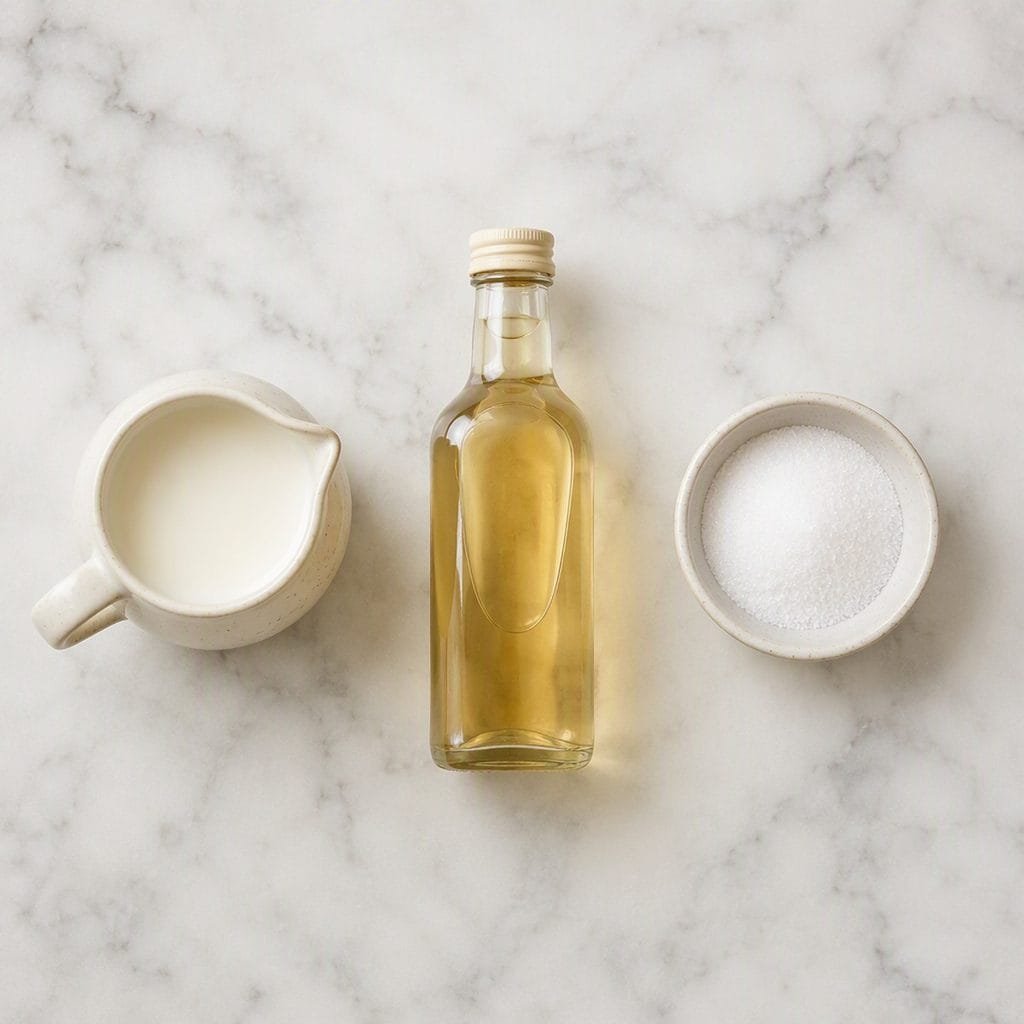 Ingredients for cold foam laid out: milk, vanilla syrup, and sugar on a marble counter