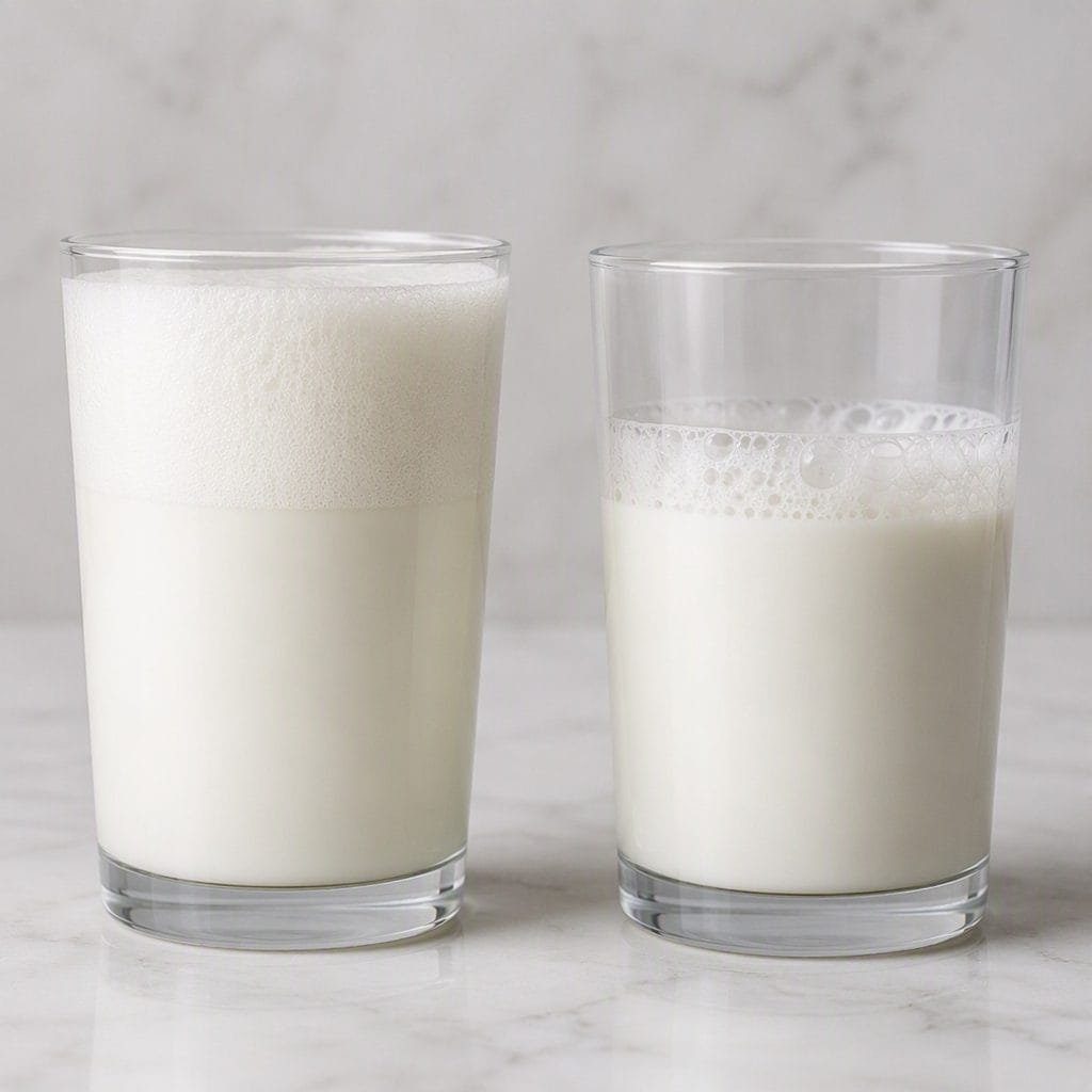 Side-by-side glasses of skim milk foam versus whole milk foam showing texture difference