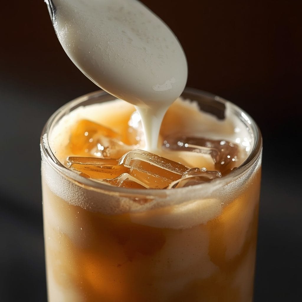 Sweet cream cold foam being spooned onto iced coffee