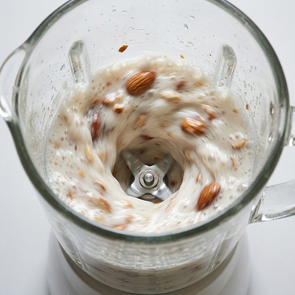 Almond milk being strained through a nut milk bag into a bowl
