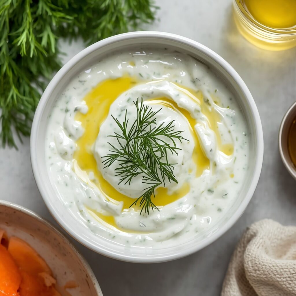 Overhead square shot of tzatziki sauce in a white bowl garnished with dill and a drizzle of olive oil, no text, no packaging, no brand names, no background drinks or glasses of liquid