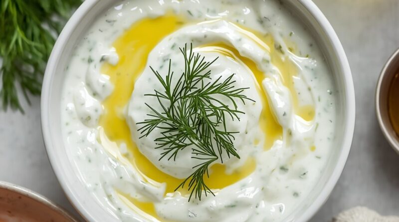 Overhead square shot of tzatziki sauce in a white bowl garnished with dill and a drizzle of olive oil