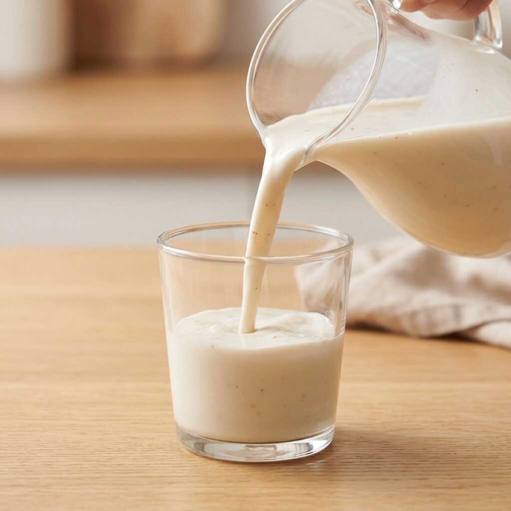 Finished homemade almond milk in a glass jar with raw almonds beside it