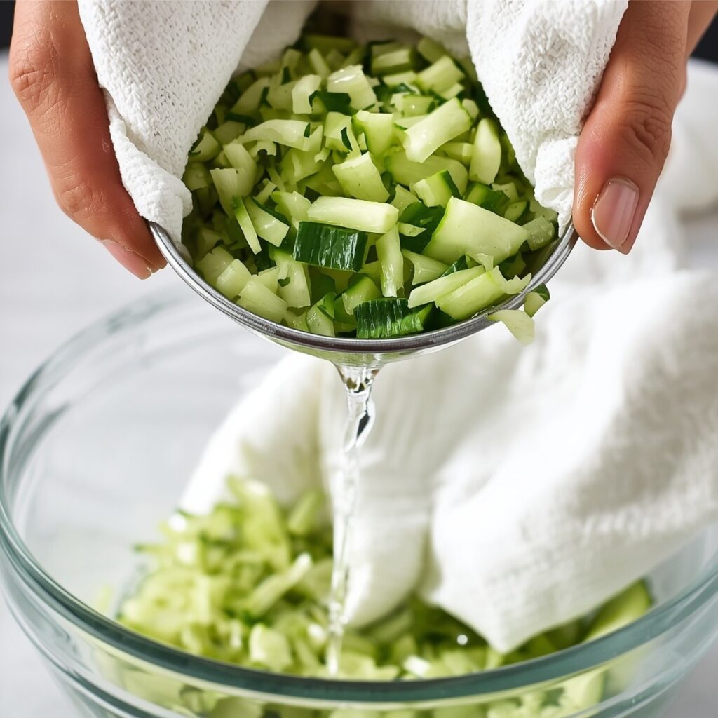 Close-up of cucumber being squeezed of excess water in a clean kitchen towel, no text, no labels, no background drinks or glasses of liquid