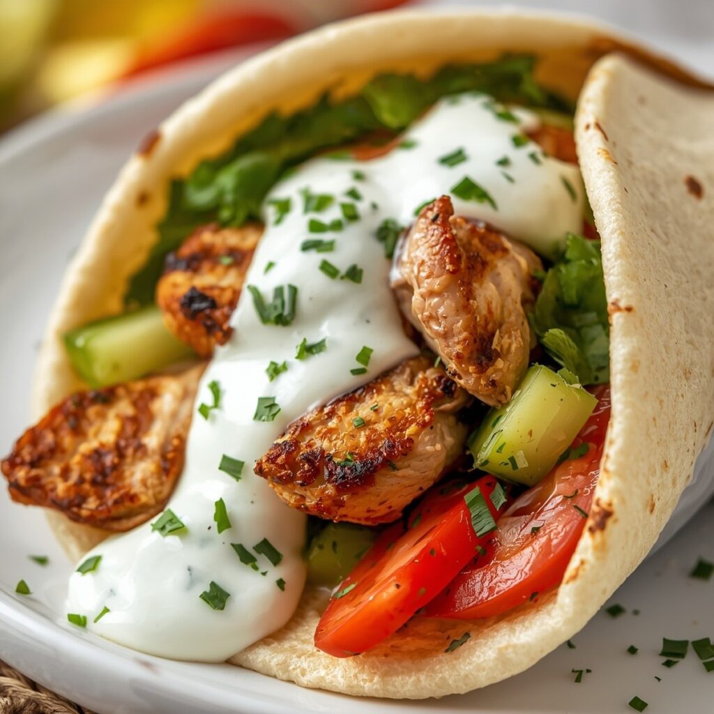 Tzatziki sauce spooned generously over a chicken gyro wrap filled with meat and fresh vegetables, no text, no labels, no background drinks or glasses of liquid