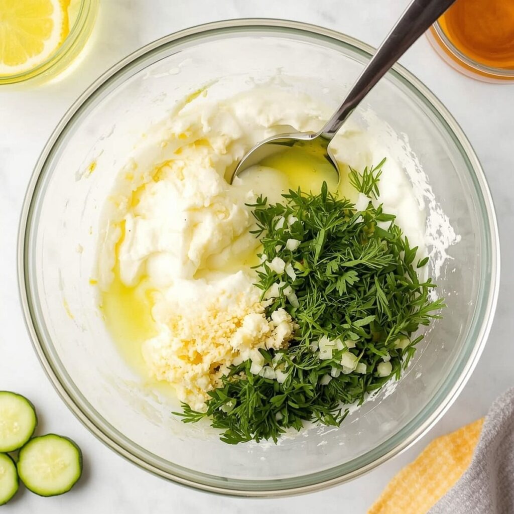 Overhead shot of Greek yogurt, garlic, lemon juice, and dill combined in a mixing bowl before the cucumber is added, no text, no labels, no background drinks or glasses of liquid