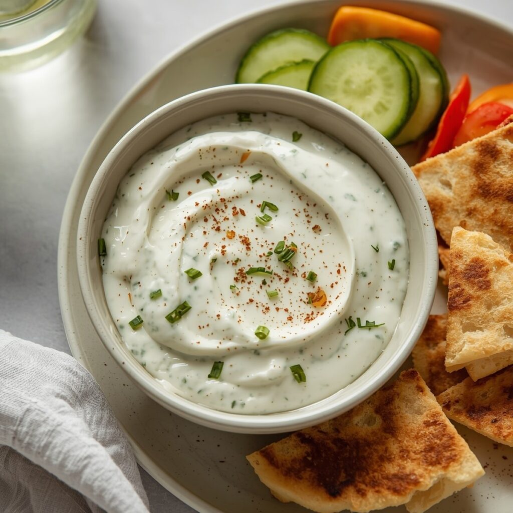 Finished tzatziki sauce recipe in a bowl next to warm pita bread and sliced vegetables for dipping, no text, no labels, no background drinks or glasses of liquid