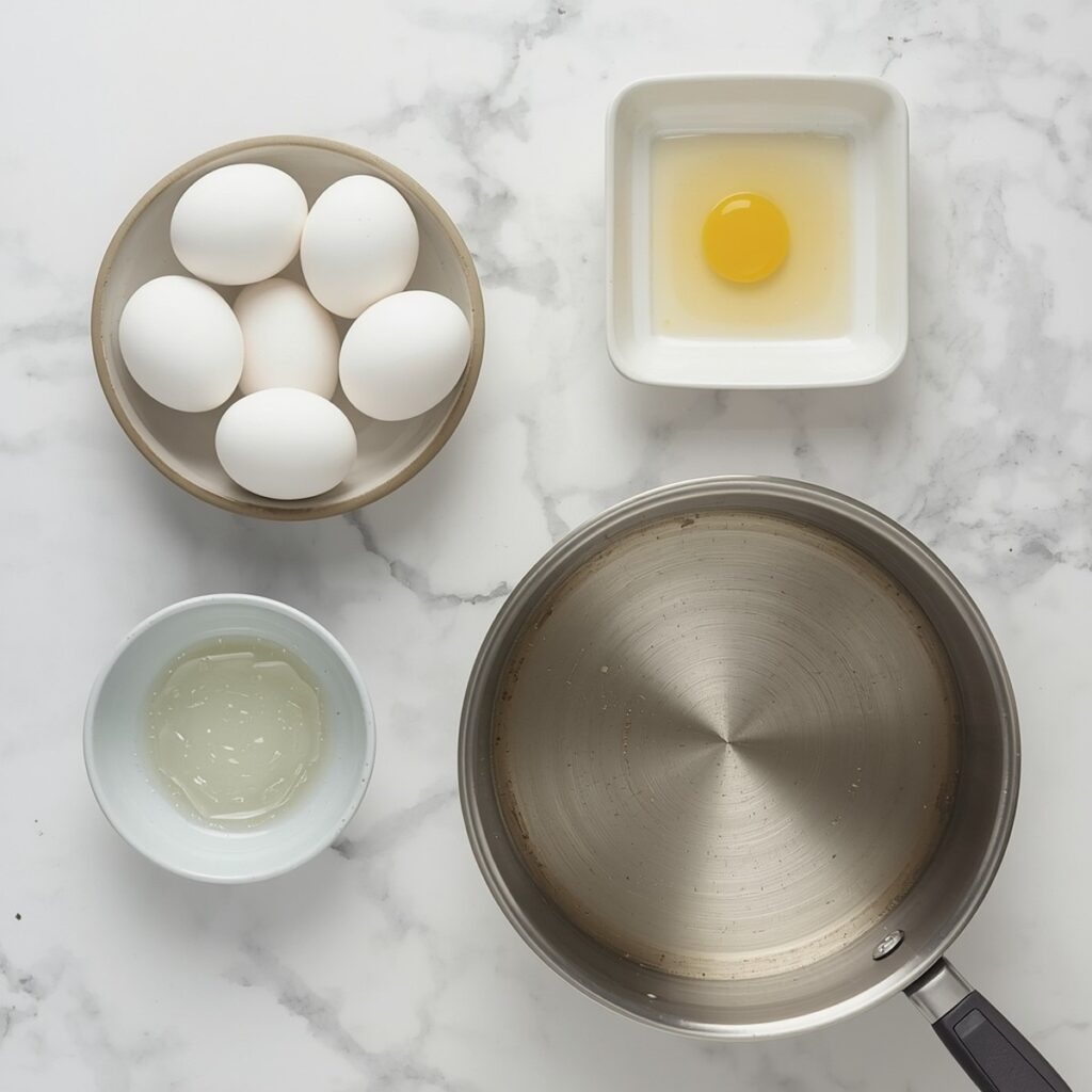 Flat lay of ingredients for poaching eggs including fresh eggs, a small bowl of vinegar, and a saucepan of water, no text, no labels, no packaging, no brand names, no background drinks or glasses of liquid