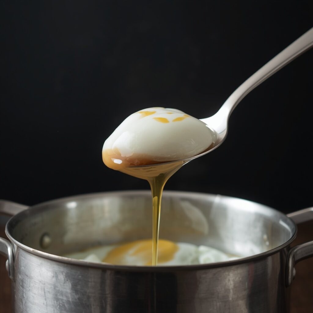 A finished poached egg being lifted out of water with a slotted spoon, no text, no labels, no background drinks or glasses of liquid