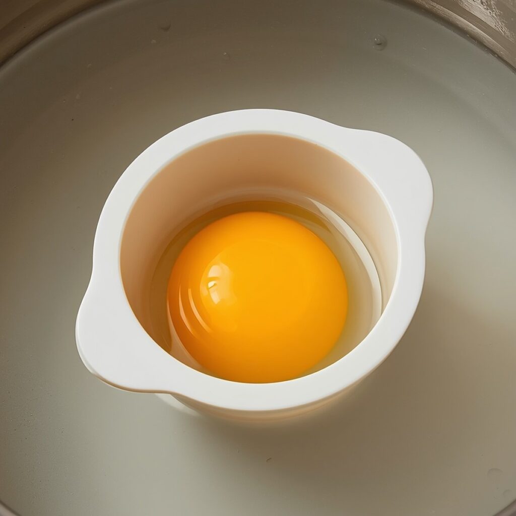 An egg poacher cup floating in a pot of simmering water with a raw egg inside it, no text, no labels, no branding on the poacher, no background drinks or glasses of liquid