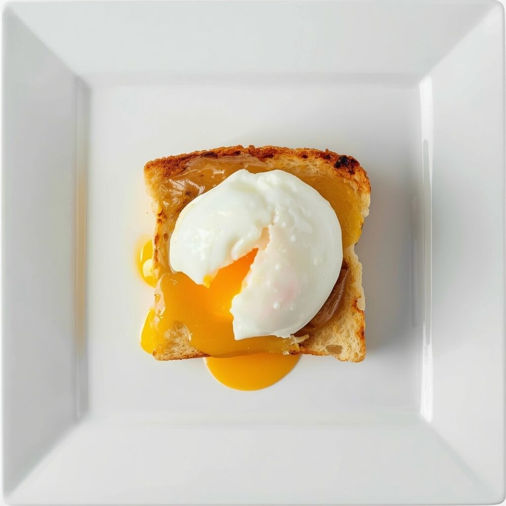 Overhead square shot of a poached egg with a runny yolk on top of buttered toast, no text, no packaging, no brand names, no background drinks or glasses of liquid
