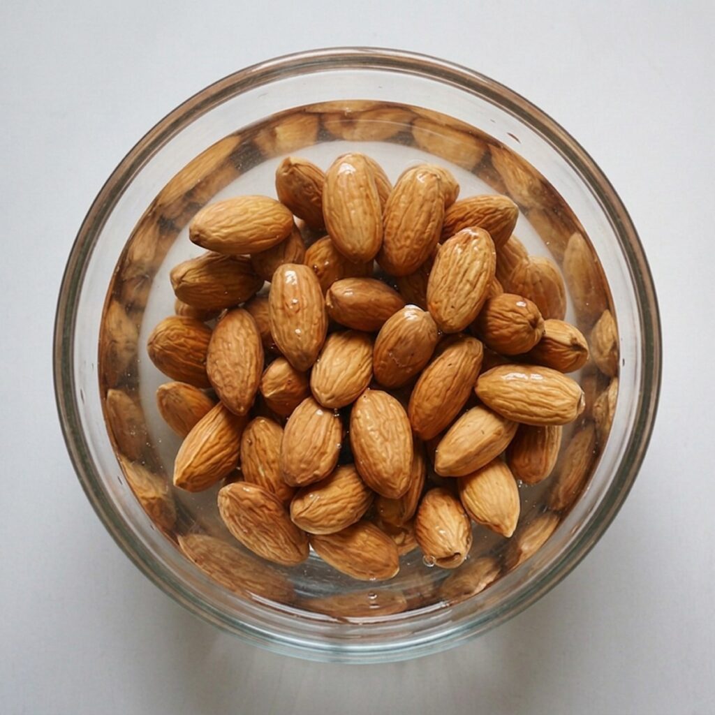 Soaked almonds blending with water in a high-powered blender