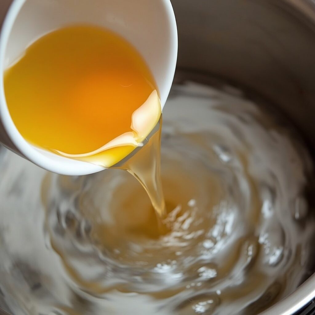 An egg being gently slid from a ramekin into a pot of simmering water, no text, no labels, no background drinks or glasses of liquid