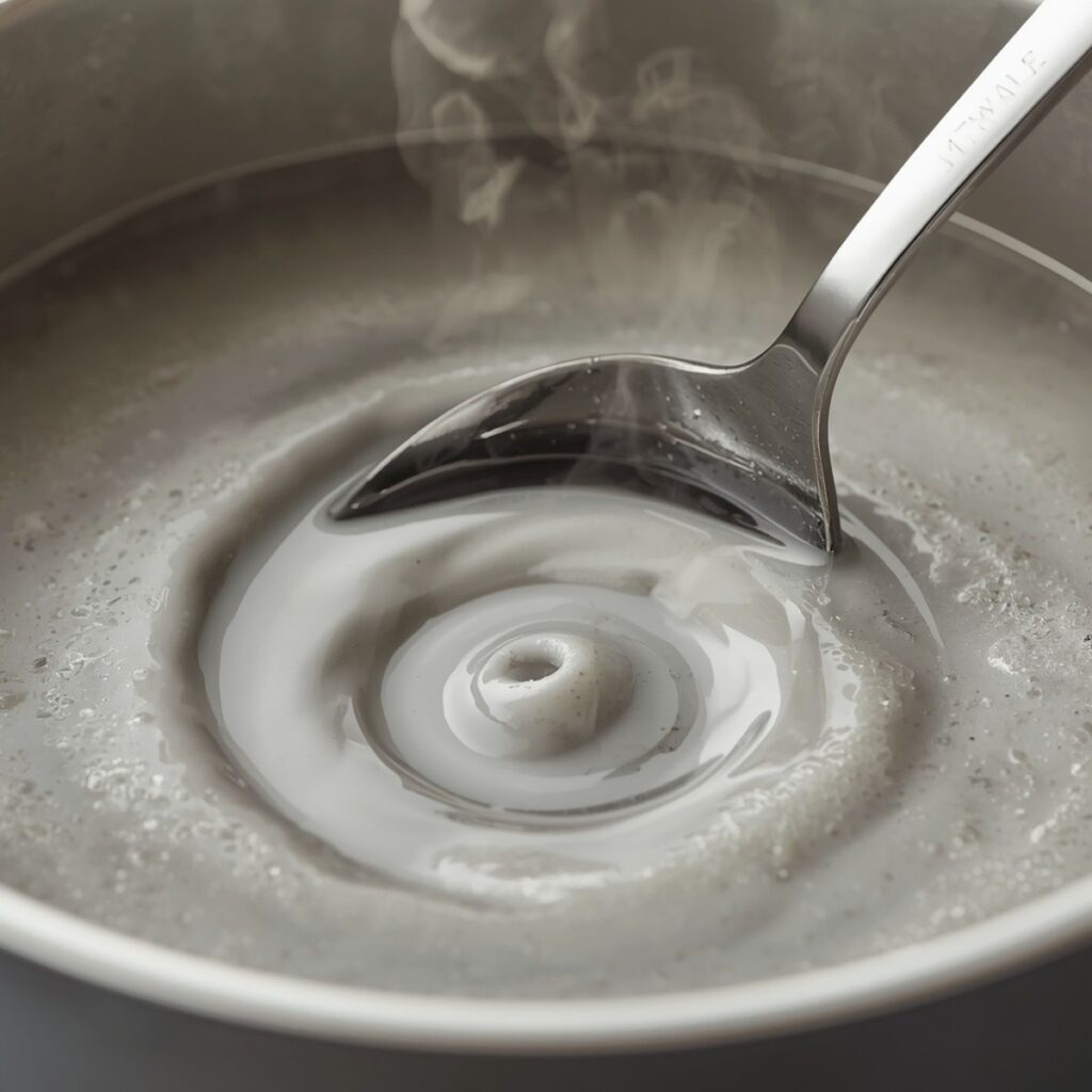 Close-up of a whirlpool being stirred into a pot of simmering water with a spoon, no text, no labels, no background drinks or glasses of liquid