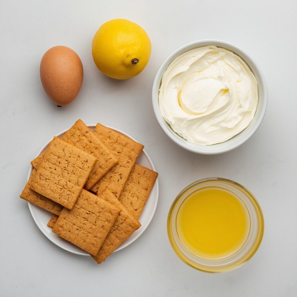 Flat lay of lemon cheesecake ingredients including cream cheese, lemons, eggs, and graham crackers, no text, no labels, no packaging, no brand names, no background drinks or glasses of liquid
