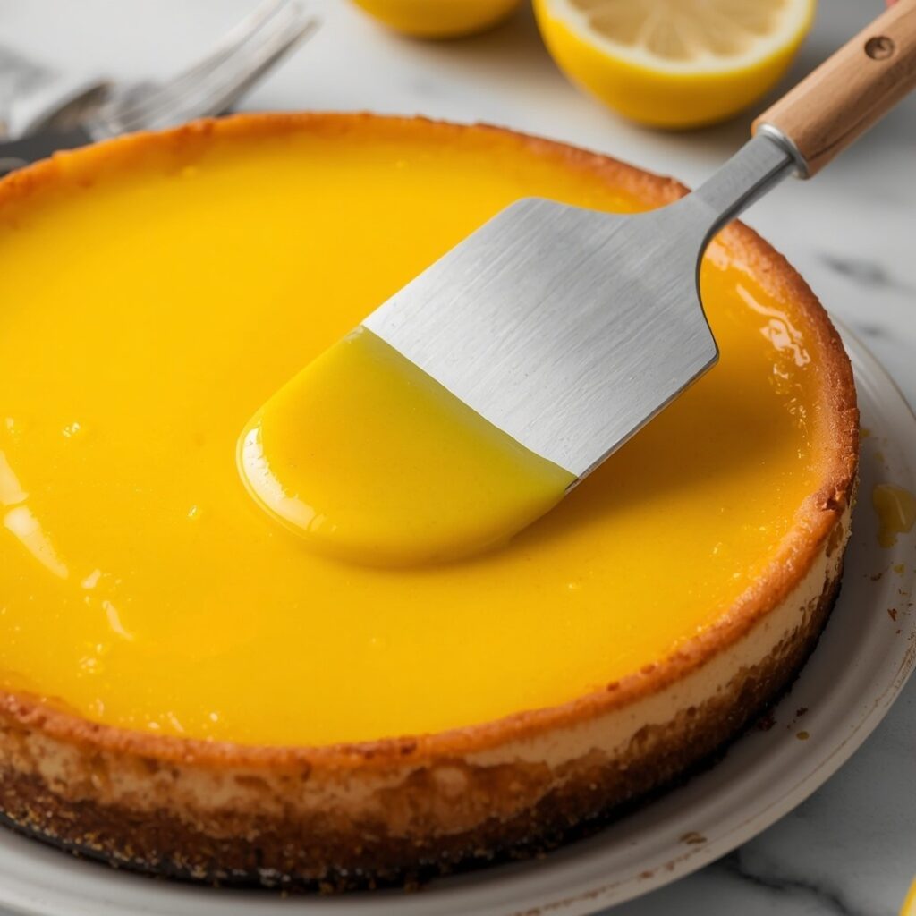 Lemon curd being spread over the top of a chilled baked cheesecake with an offset spatula, no text, no labels, no background drinks or glasses of liquid