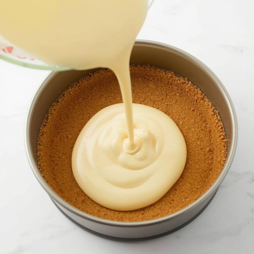 Cheesecake batter being poured into a baked graham cracker crust in a springform pan, no text, no labels, no background drinks or glasses of liquid