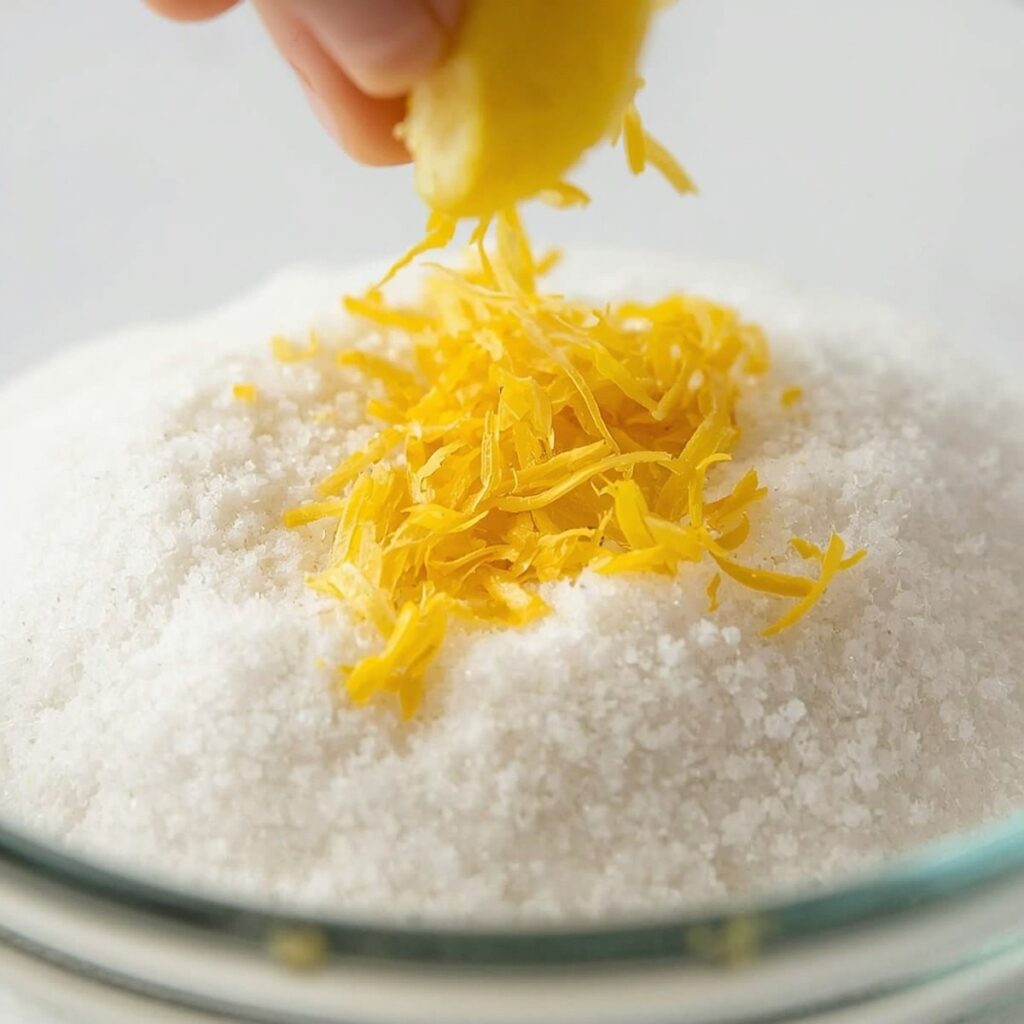 Overhead shot of lemon zest being rubbed into sugar in a glass bowl, no text, no labels, no background drinks or glasses of liquid
