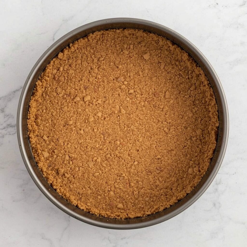 Graham cracker crust pressed into a springform pan before baking, no text, no labels, no background drinks or glasses of liquid