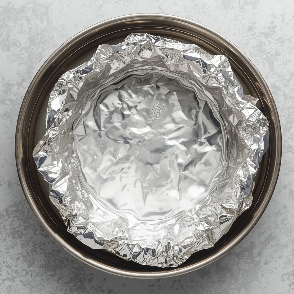 A springform pan wrapped in foil sitting inside a roasting pan of water before baking, no text, no labels, no background drinks or glasses of liquid