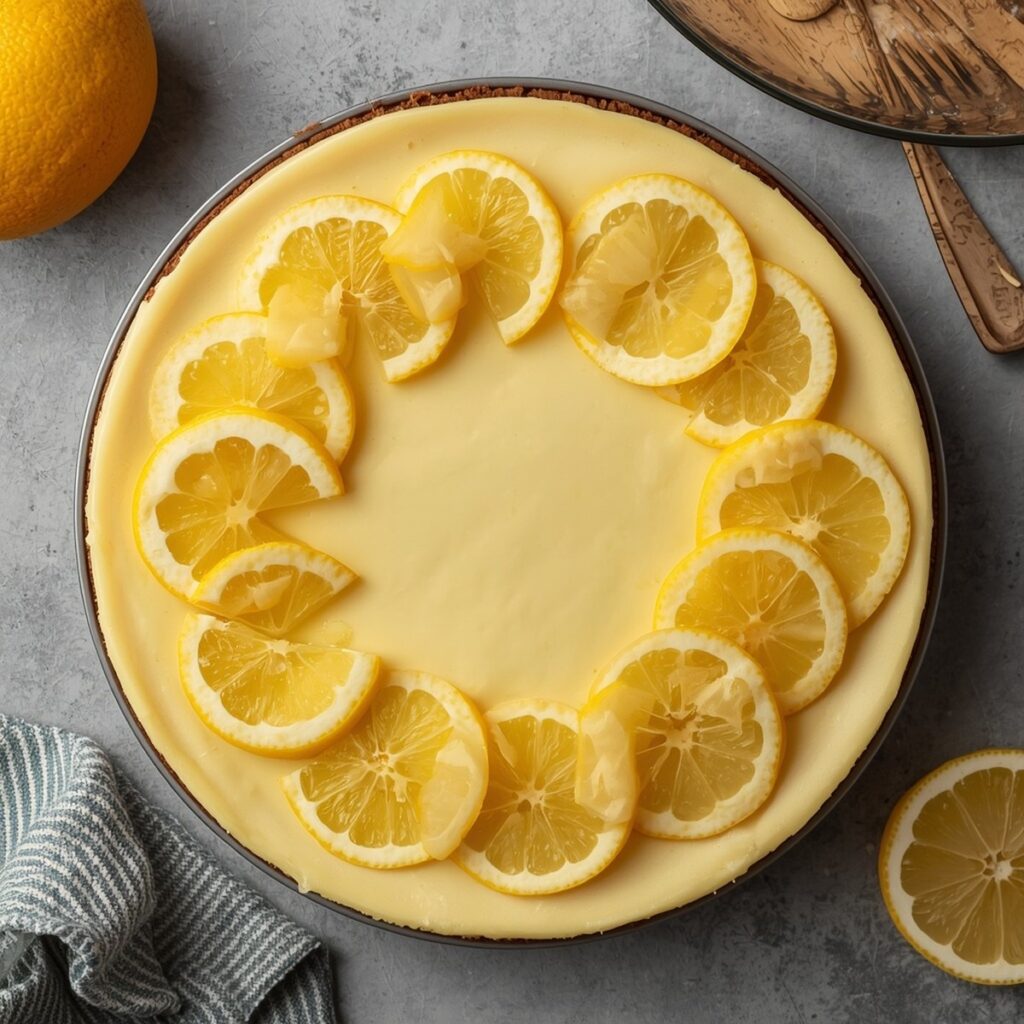 Overhead square shot of a sliced lemon cheesecake topped with lemon curd and lemon slices, no text, no packaging, no brand names, no background drinks or glasses of liquid