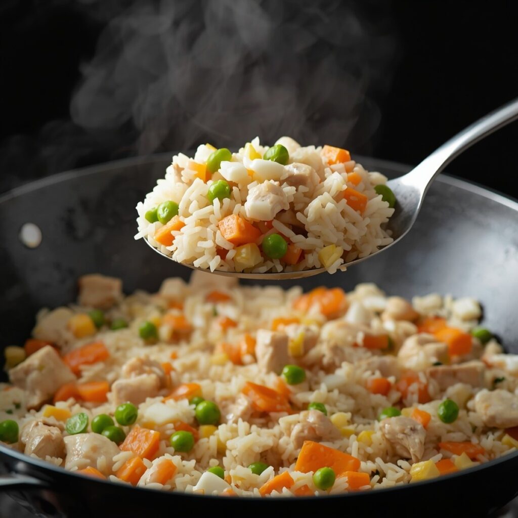 Cold rice being added to a wok of chicken, eggs, and vegetables, no text, no labels, no background drinks or glasses of liquid
